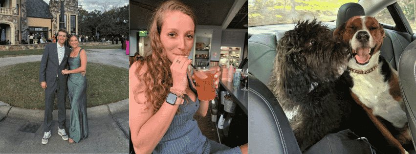 Wynn and Megan at a wedding, Megan with a drink, and their dogs